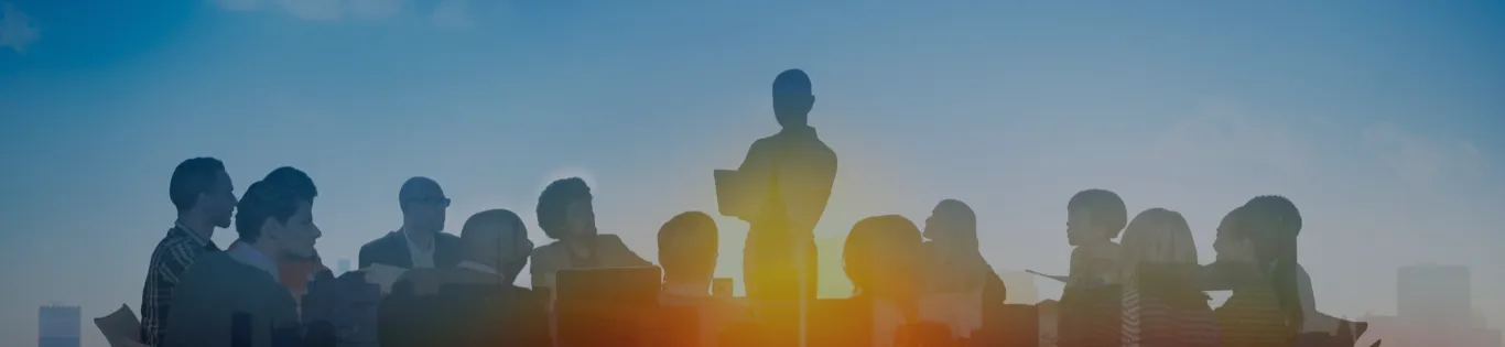 Silhouette of a presenter addressing a team at sunset
